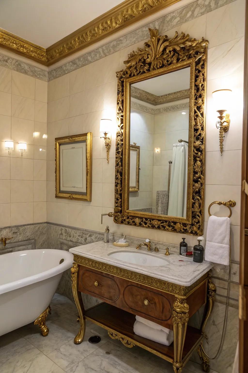 An ornate mirror gives off elegance and style.