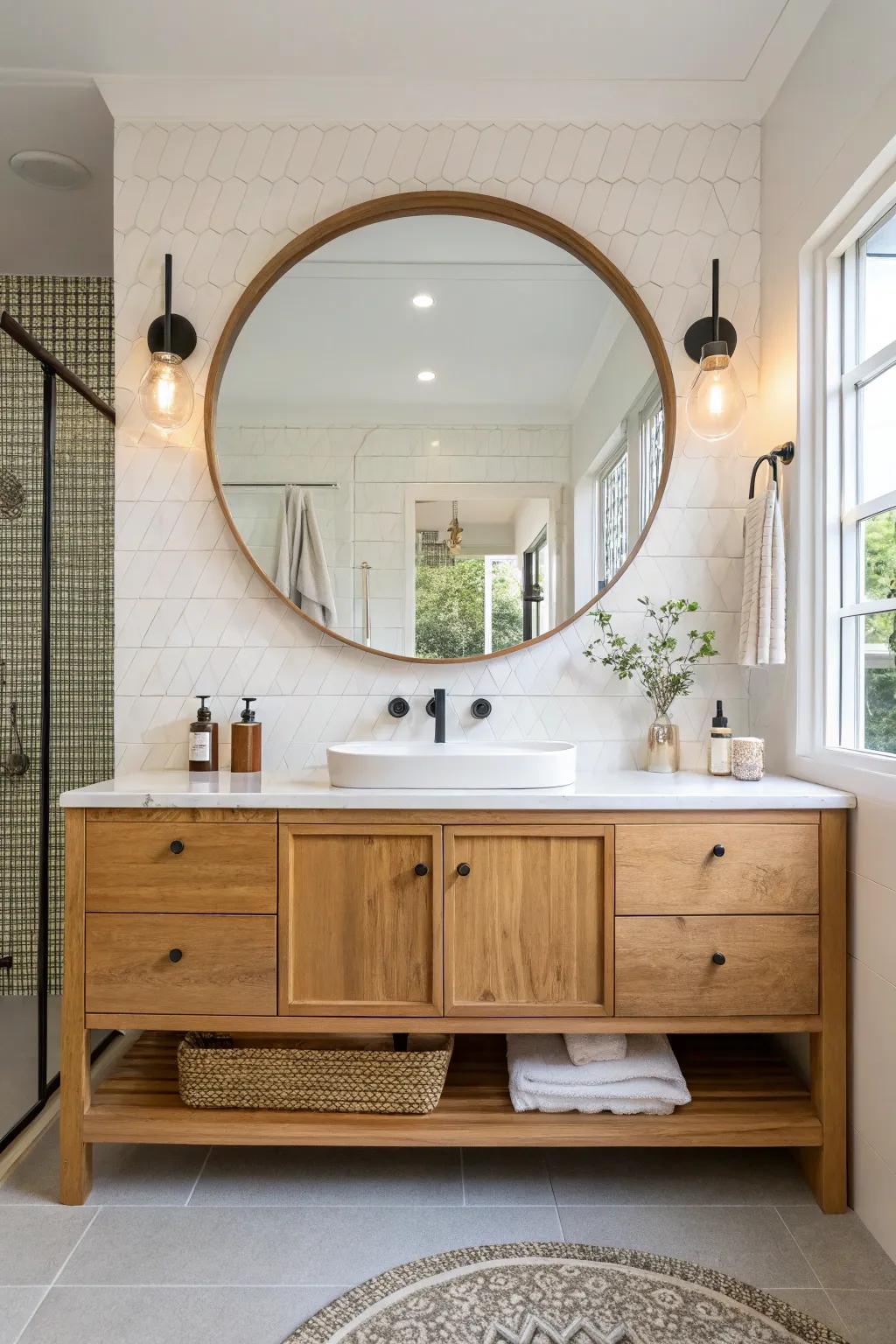 The circular reflector serves as a trendy centerpiece above the unit.