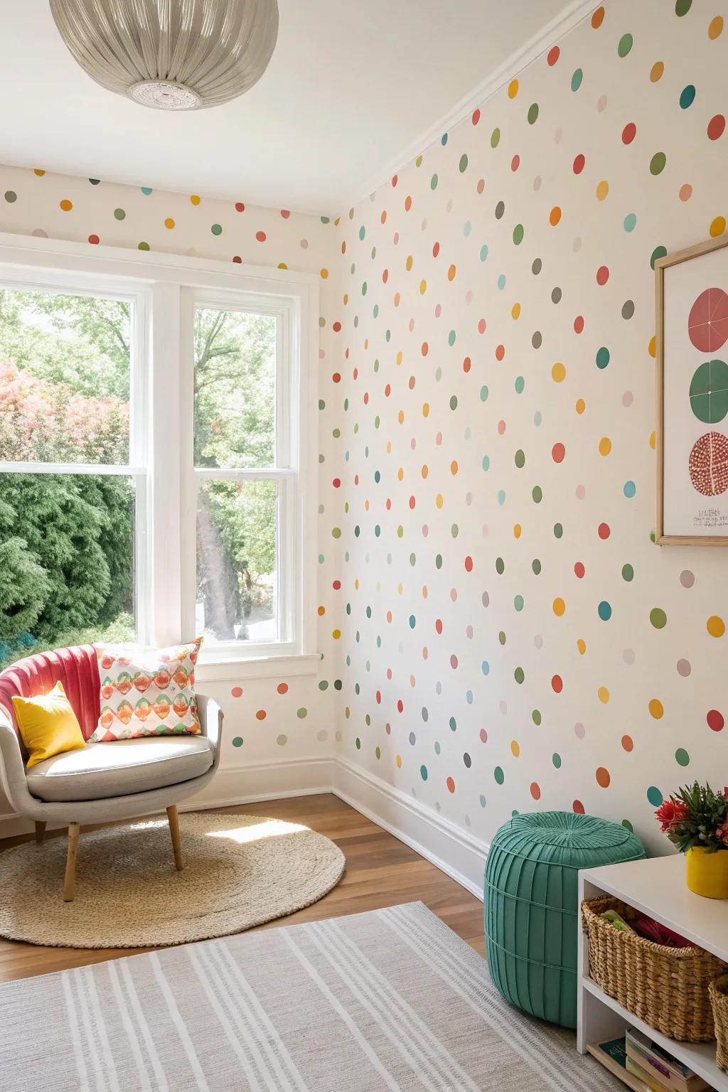 Bright space featuring lively circular mark era wall covering.