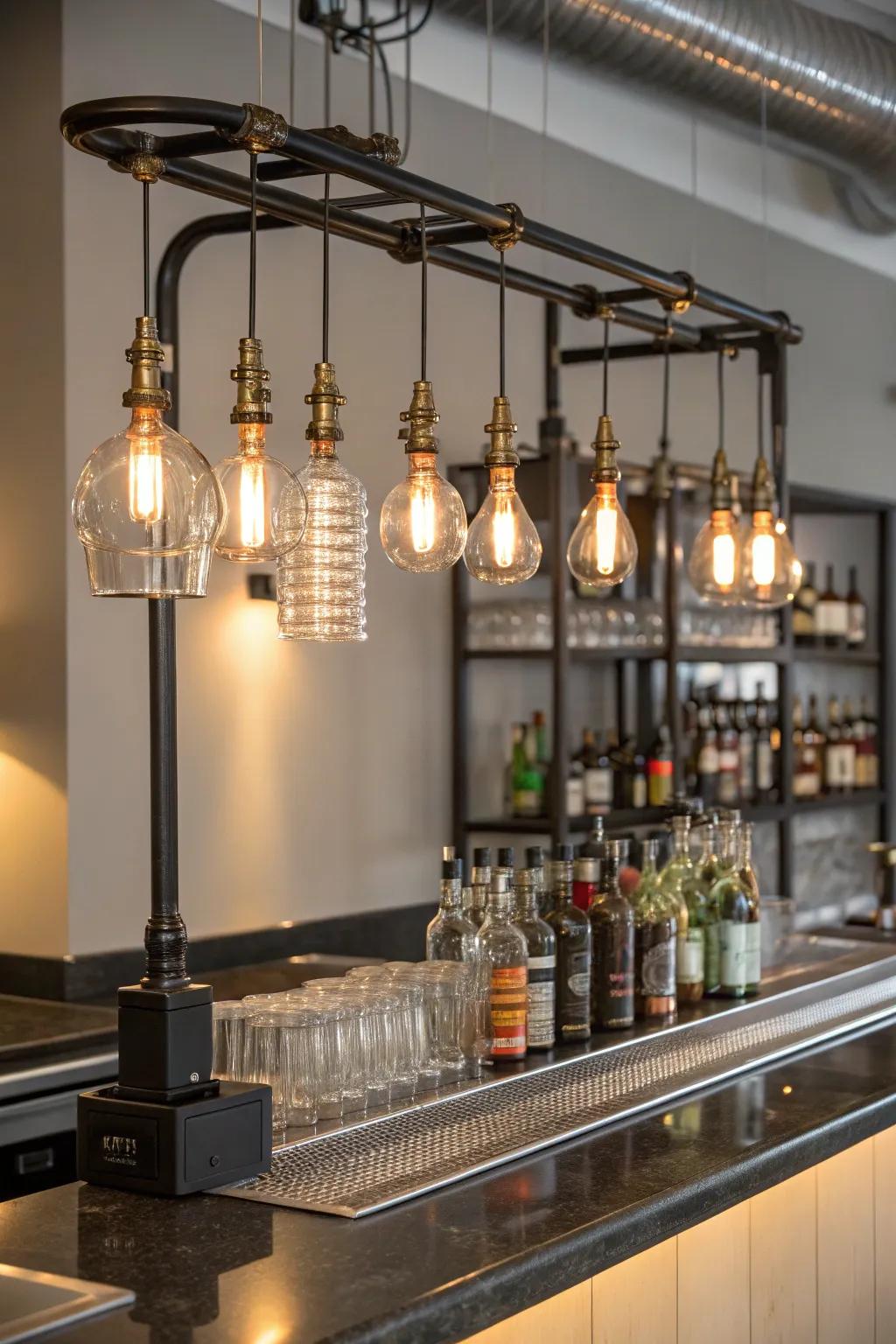 Factory-inspired illumination injects rustic charm into the home bar.
