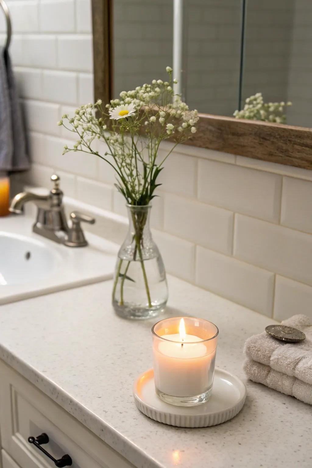 Understated ornamentation enriches the bathroom's minimalist aesthetic.