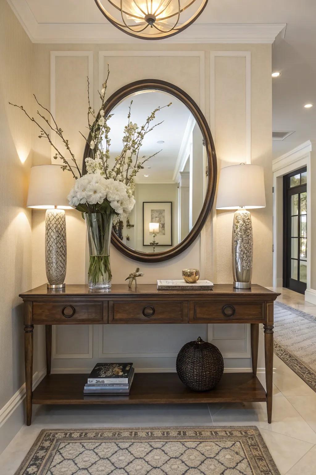 Mirrors in entryways enhance light and space.