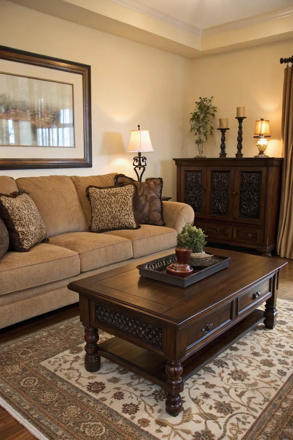 Shadowy accents infuse profundity and comparison to the cocoa-colored sofa arrangement.