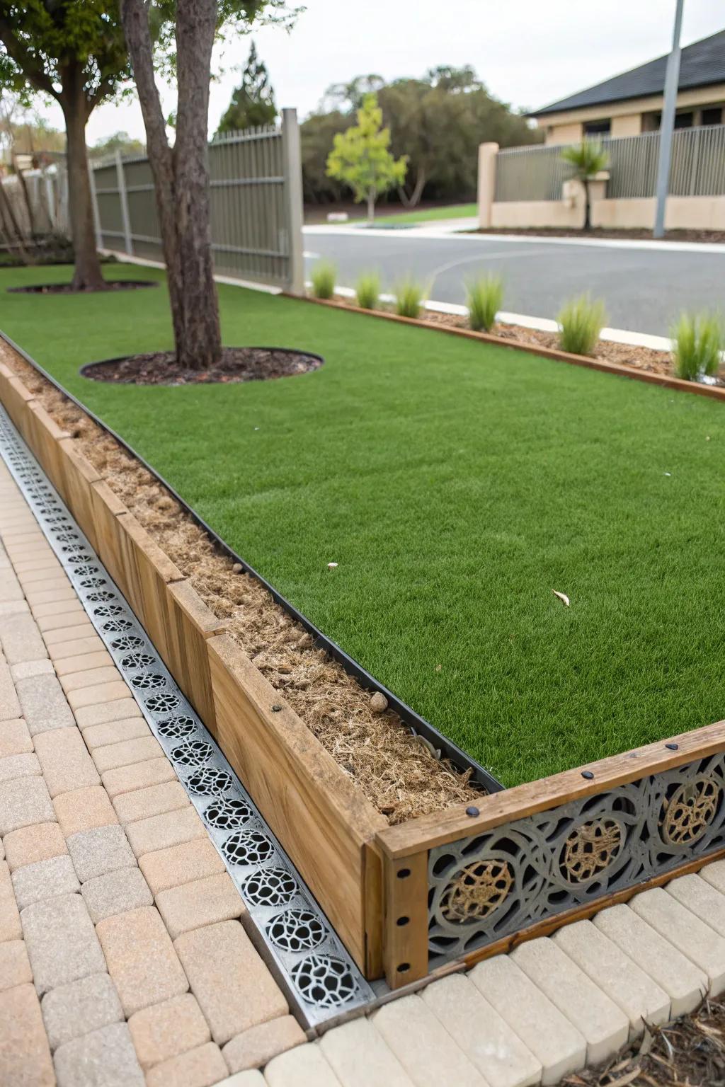 Inventive edging wonderfully highlights the artificial grass area.