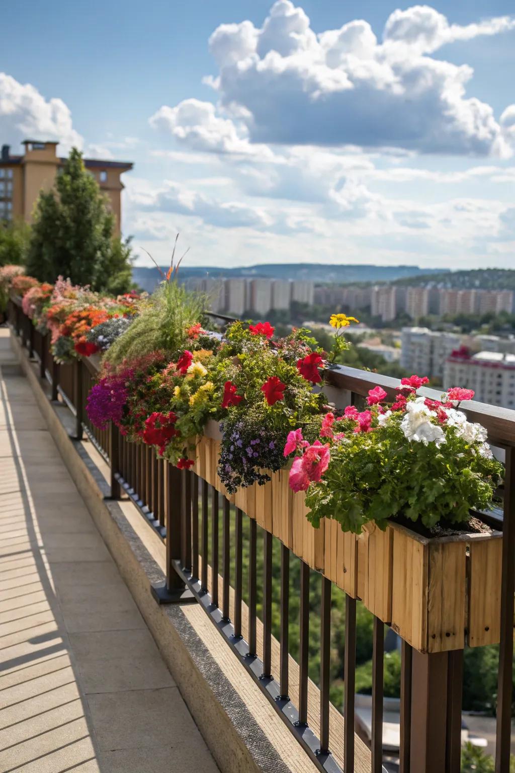 Balcony railings equipped with incorporated planters filled with vibrant flowers