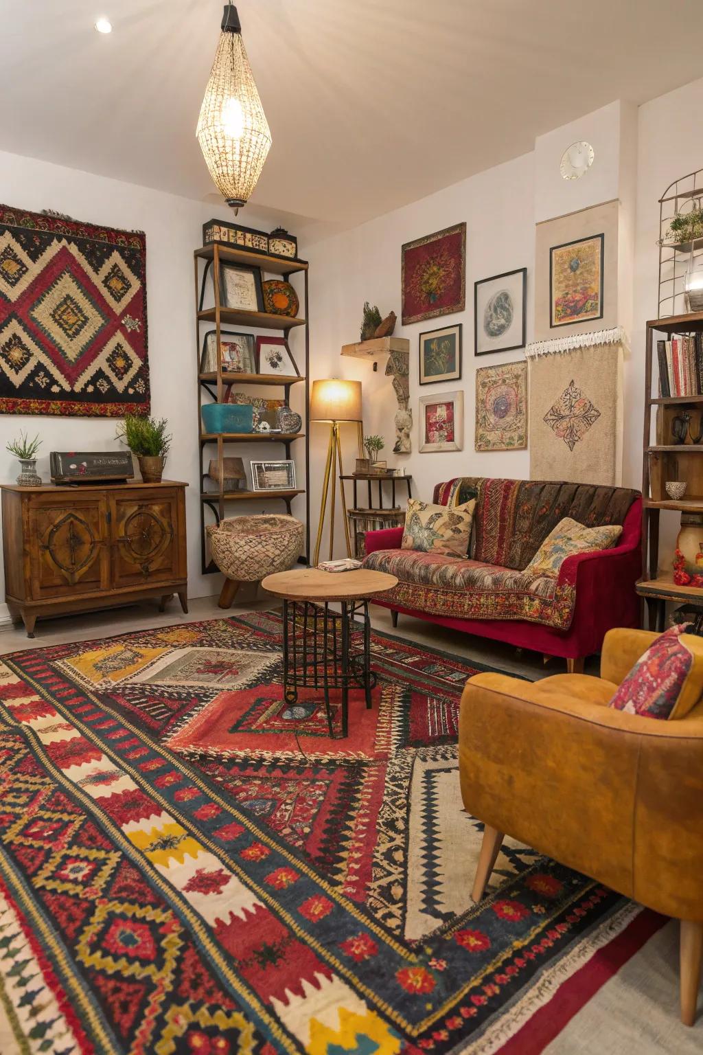 An eclectic space showcasing a vibrant patterned floor covering and vintage decorative accents