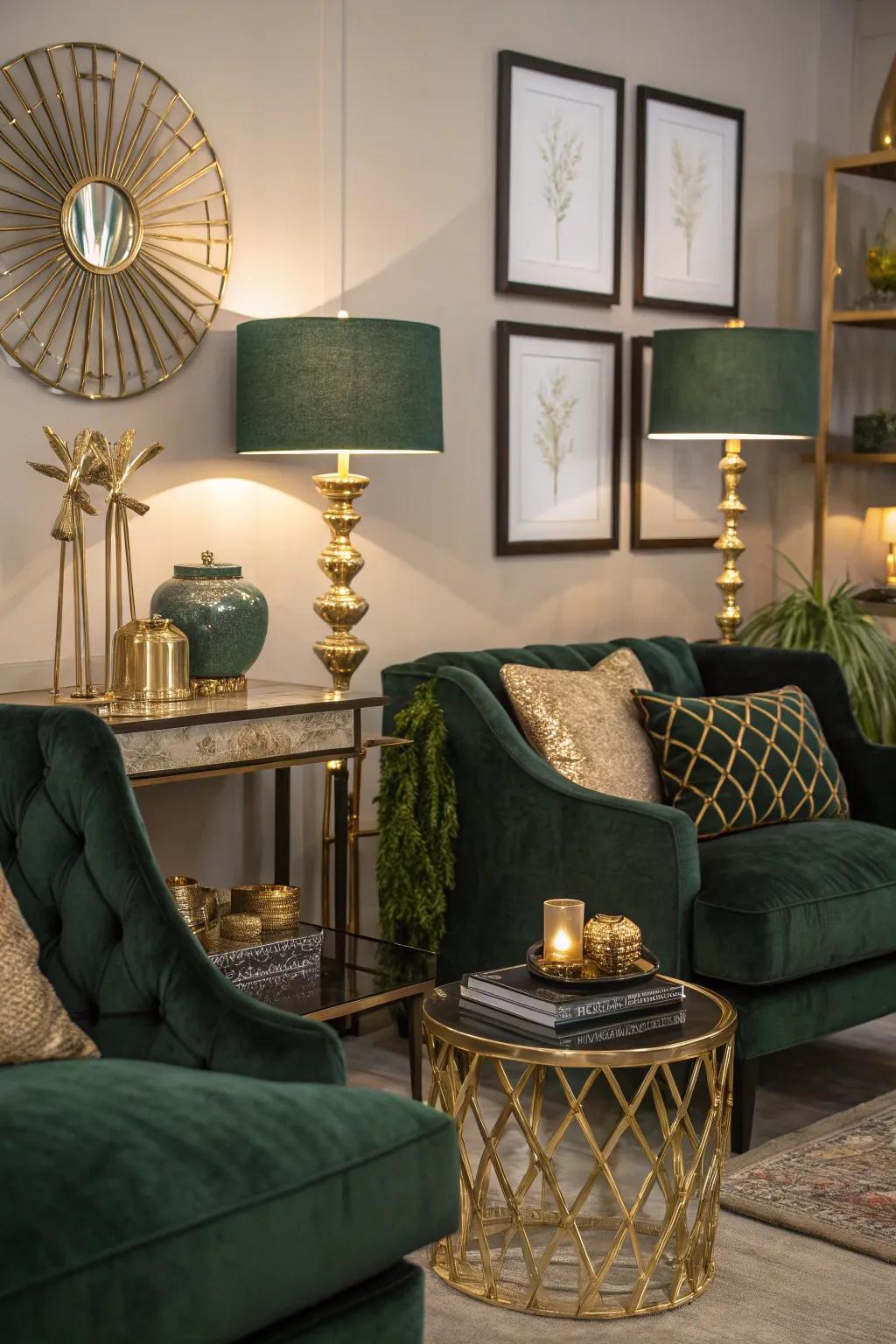 Metallic decorations apply a touch of luxury to deep viridescent interiors.