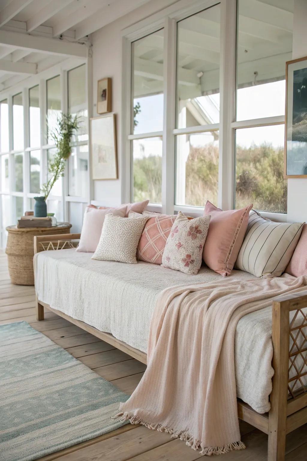Understated and soft bedding shades offer a calming effect on a daybed.
