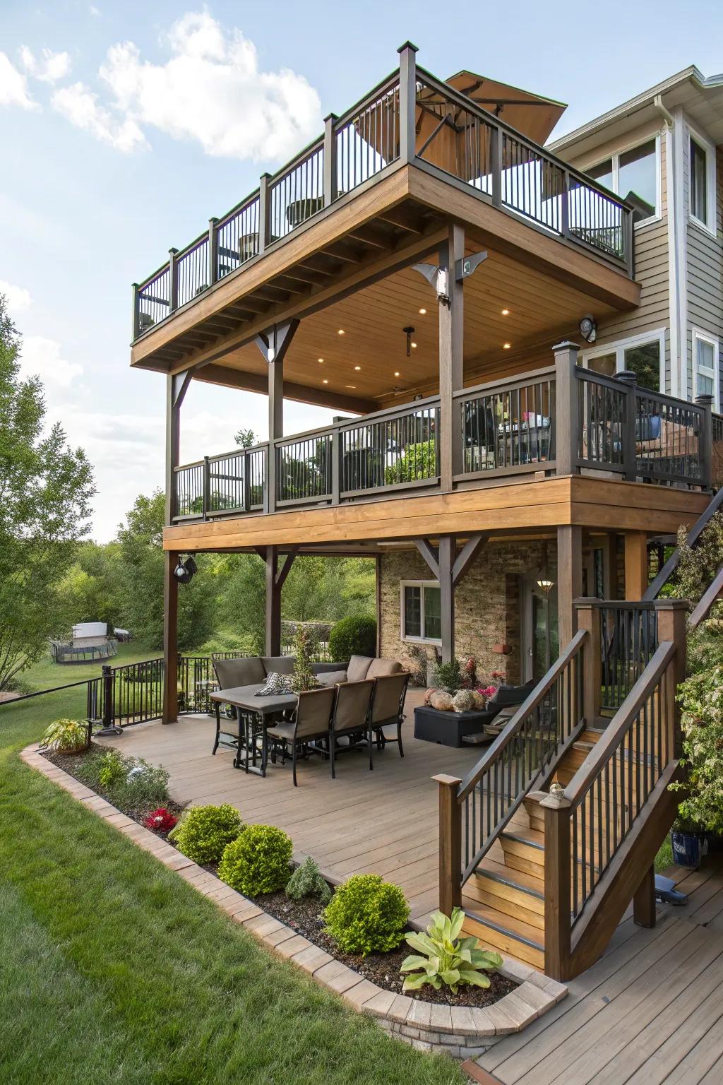 A multi-level deck that offers distinct spaces for varied activities.