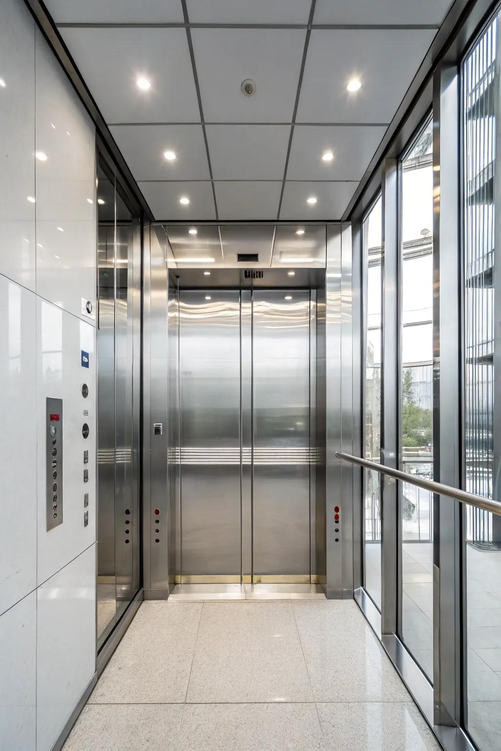 A simple elevator interior incorporating uncluttered borders and a tranquil ambiance.