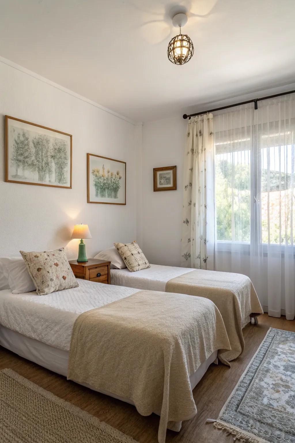 Simple decoration emphasizes the tranquil sensation of this farmhouse guest bedroom.
