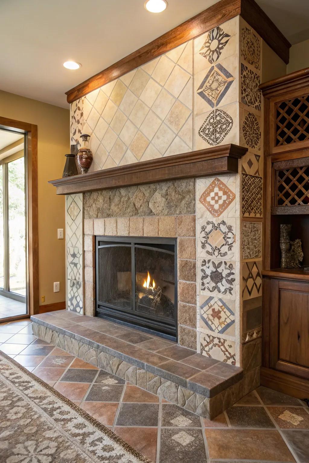 Fireplace featuring varied texture tiles for increased depth.