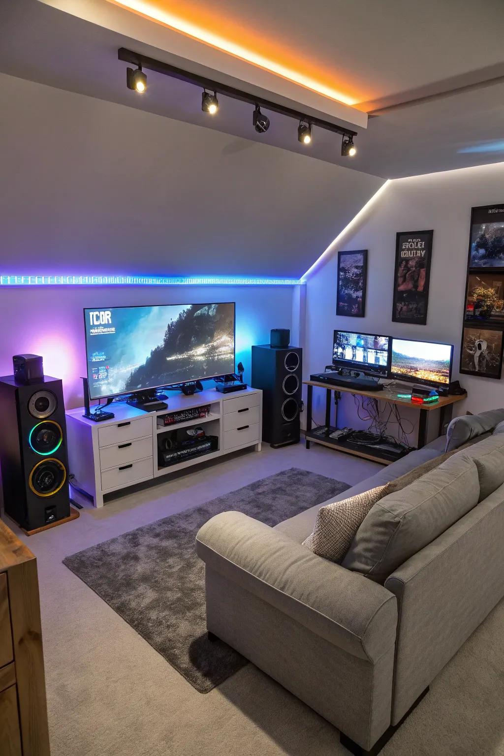 A gaming bedroom fitted with smart features for lighting and sound.