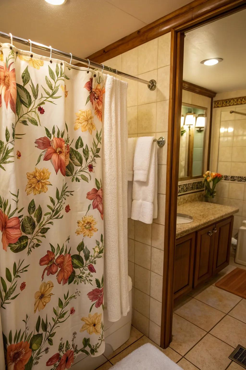 A bathroom decked out with a flower shower wrap and fluffy fabrics for a delicate essence.