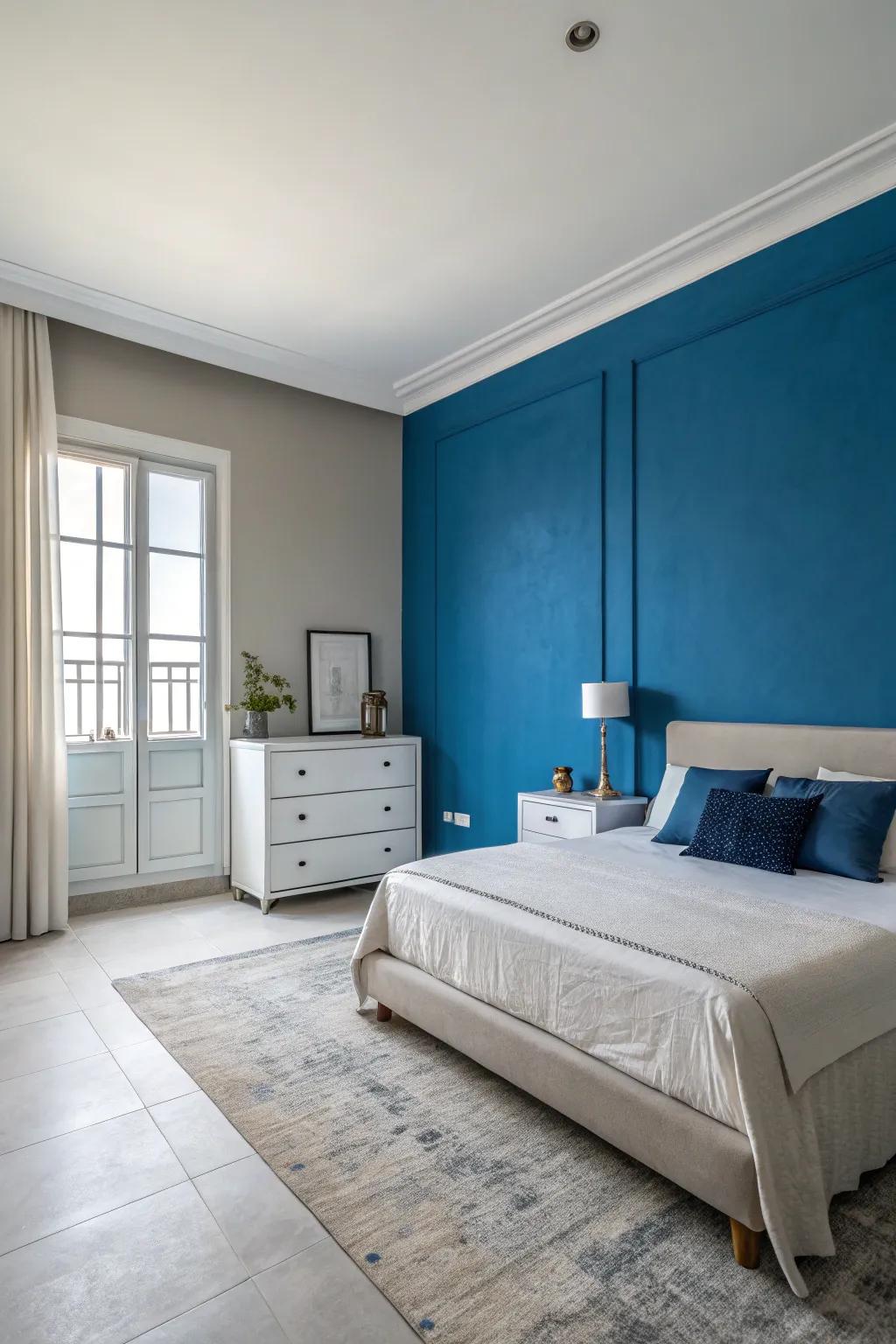 A daring azure statement wall in a bedroom crafts a captivating focal point.