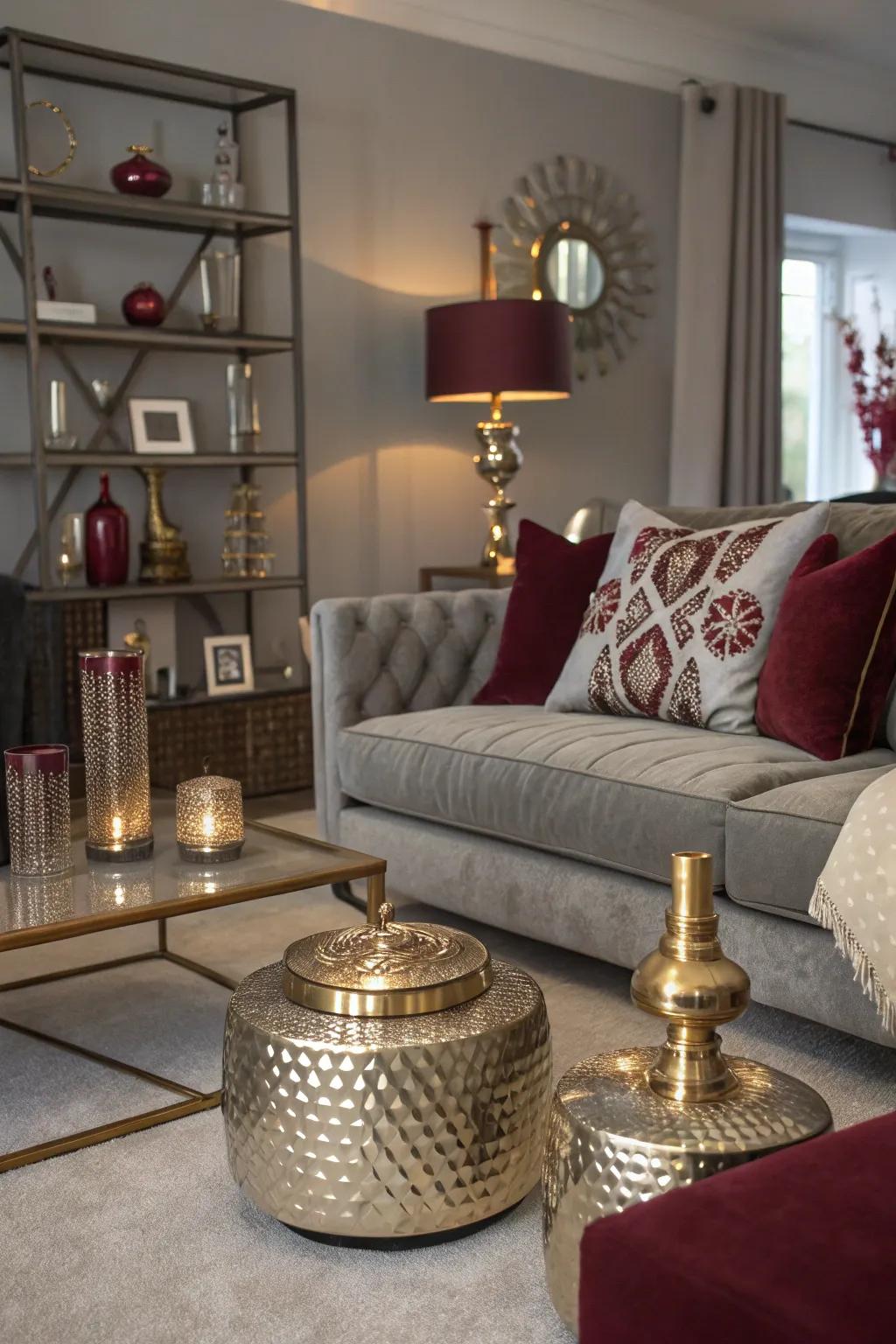 Living area featuring metallic details and a slate and wine color palette.
