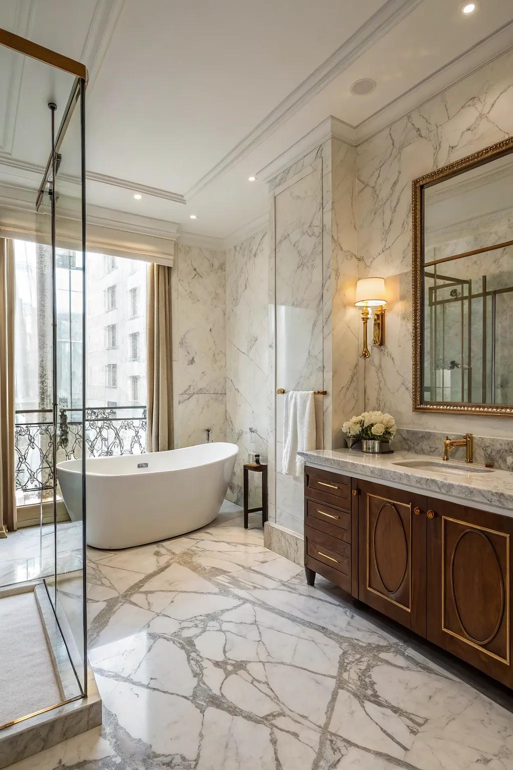 Lavish materials such as polished stone introduce sophistication to the bathroom.