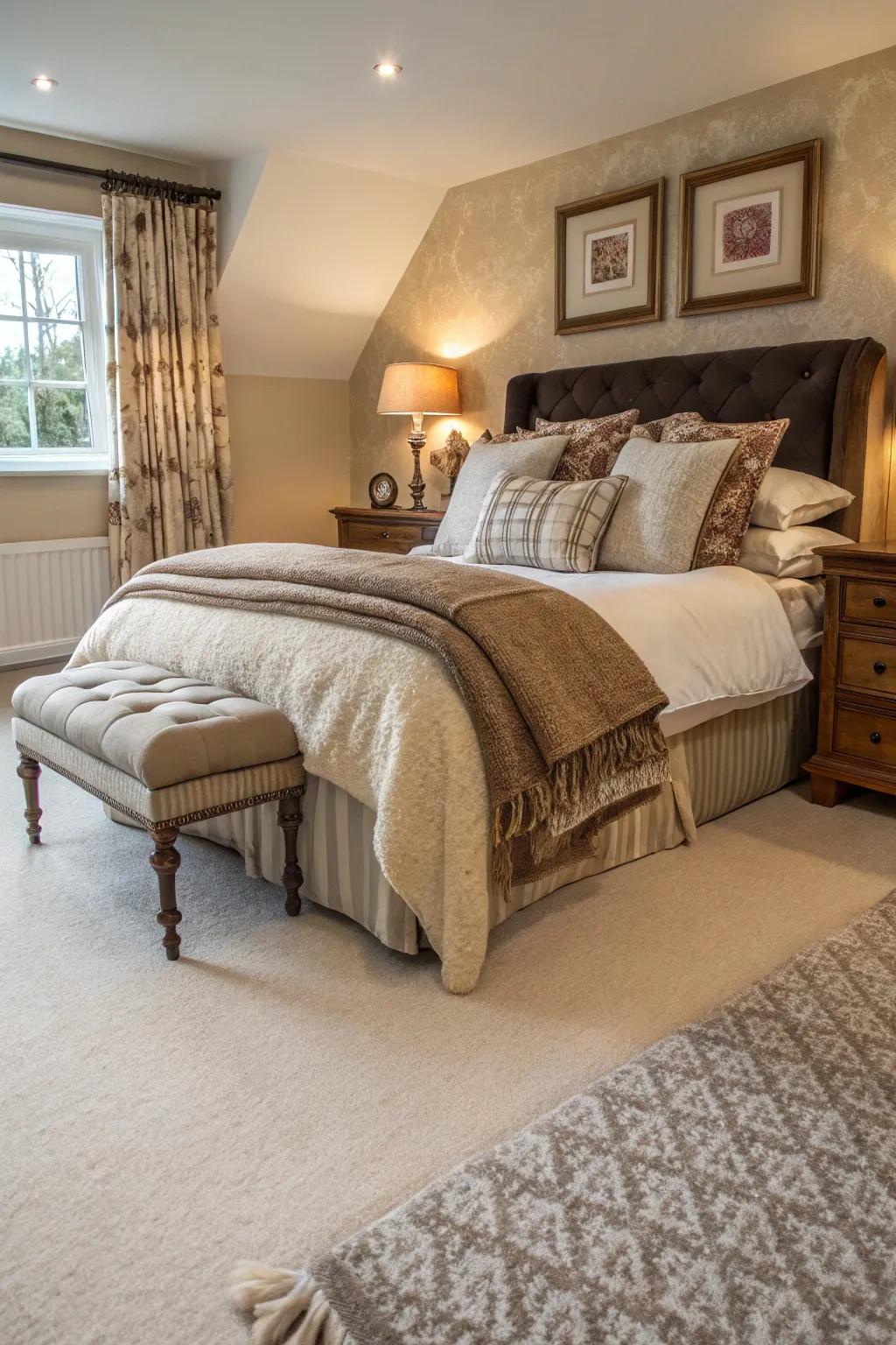 Layered materials create a cozy and inviting atmosphere.