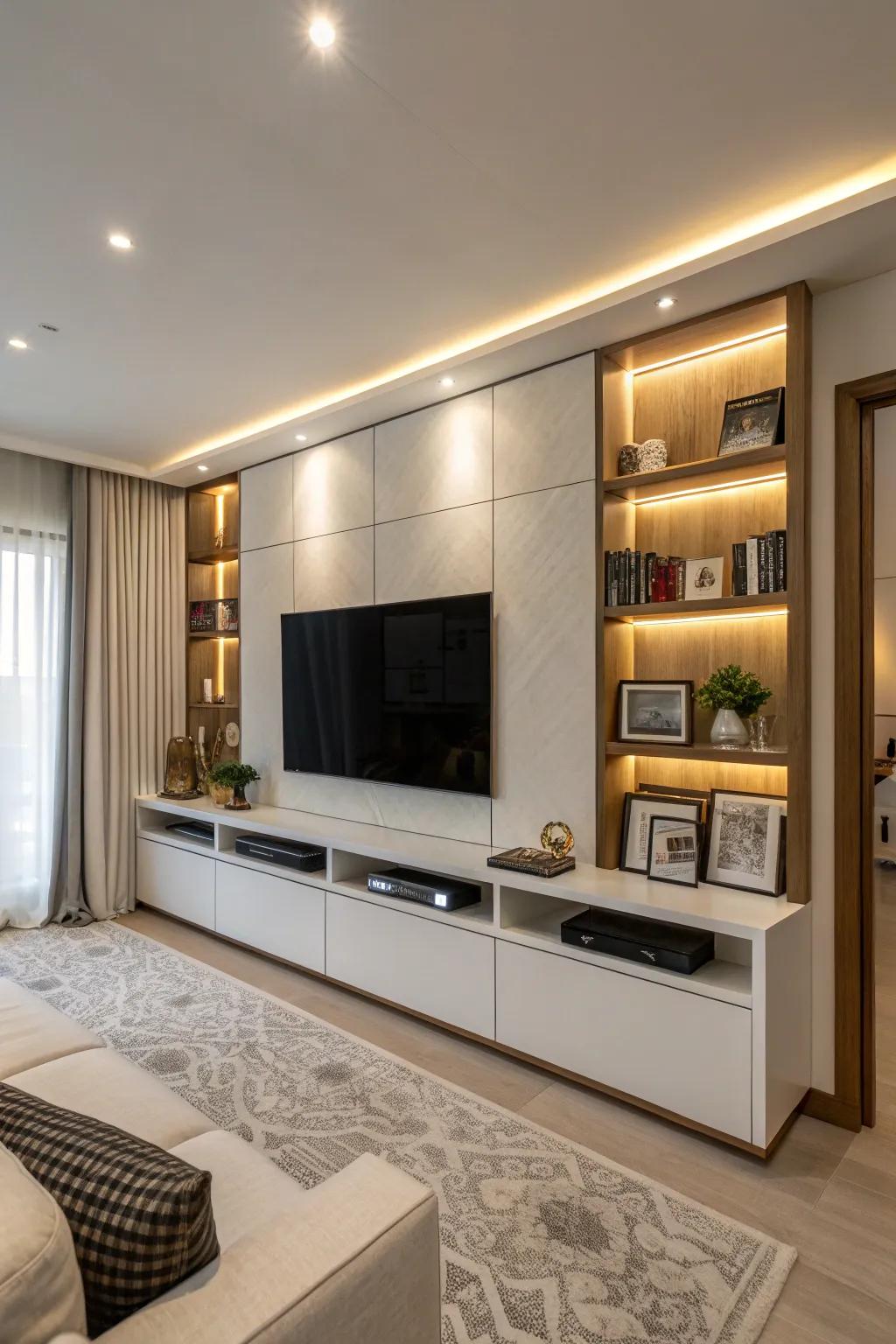 Concealed storage partitions uphold a clutter-free and immaculate media wall.