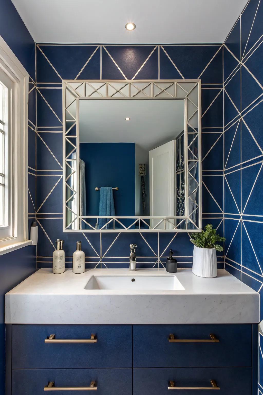 Geometric mirrors enhance space and style in deep ocean bathrooms.