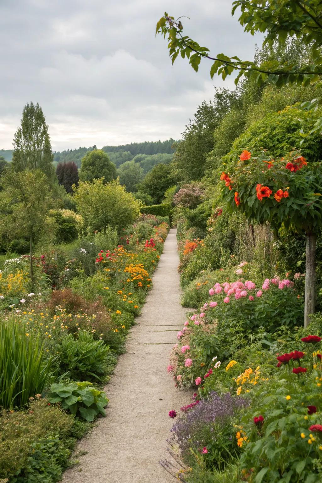 A garden path surrounded by vibrant planting borders for a natural integration.
