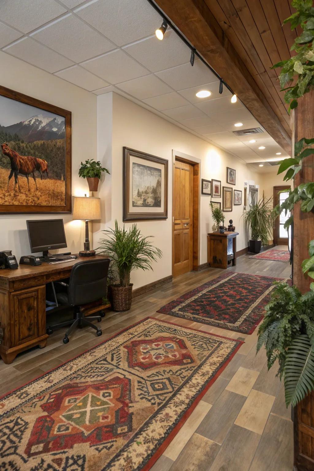 Ornamental accents introduce personality and warmth to a rustic office.