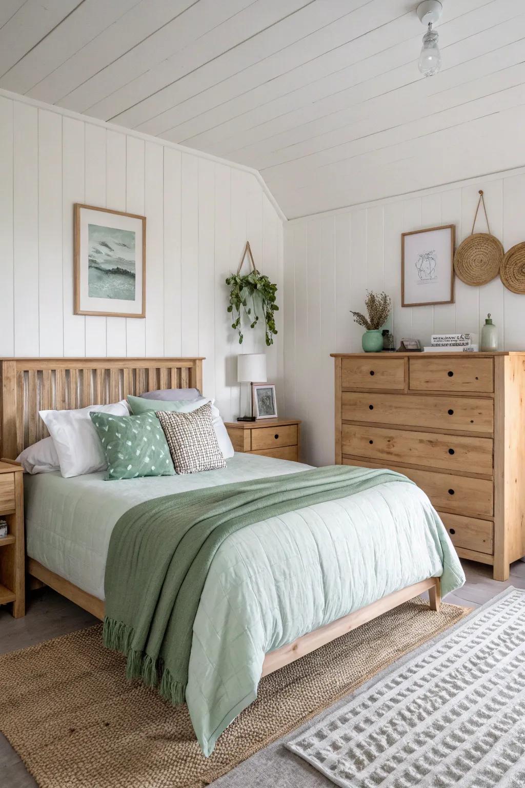 An avocado-toned and white palette offers a fresh and calming environment.