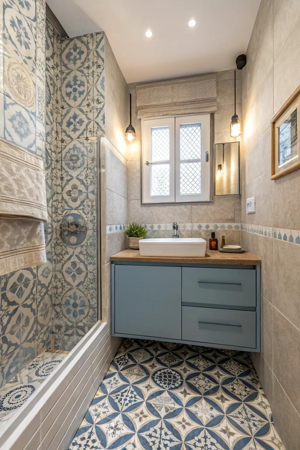 Ornamental tiles infuse individuality into this compact bathroom.