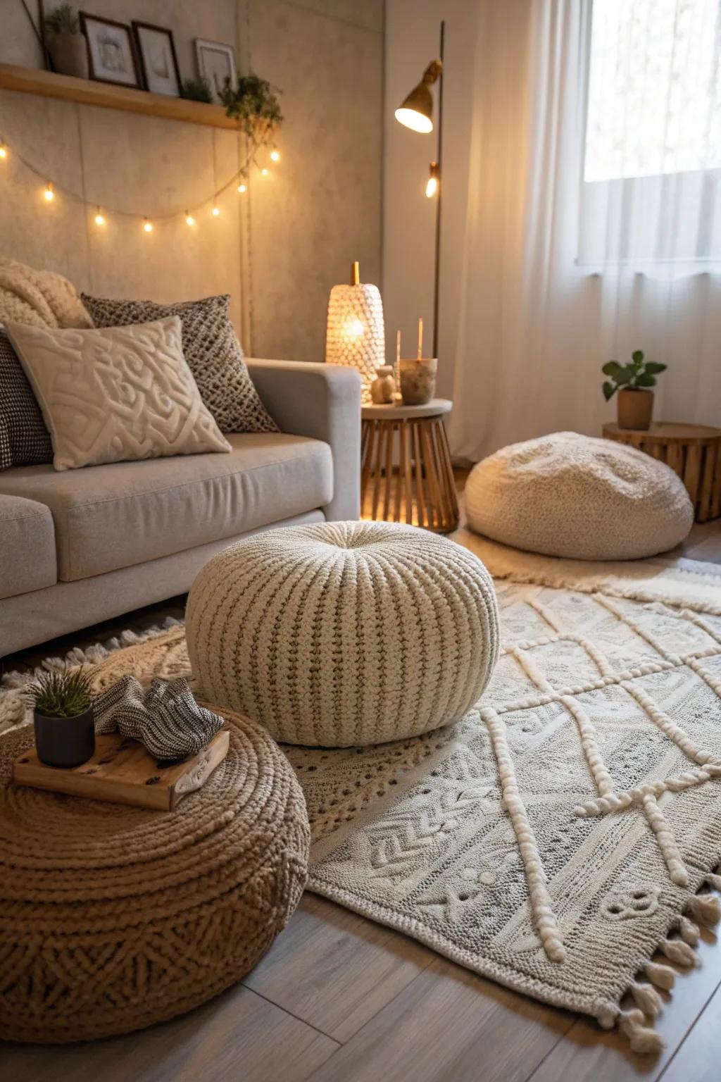 A compact contemporary gathering spot with textured floor coverings and cushions for added warmth.