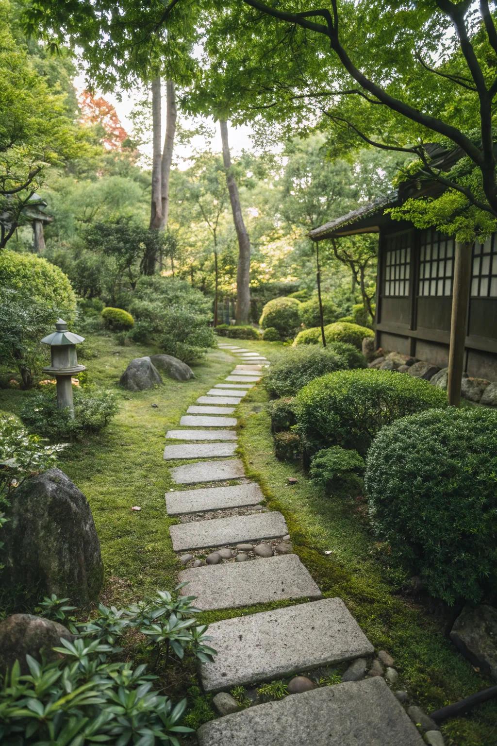 Stone pavers elegantly defining pathways in a small garden.