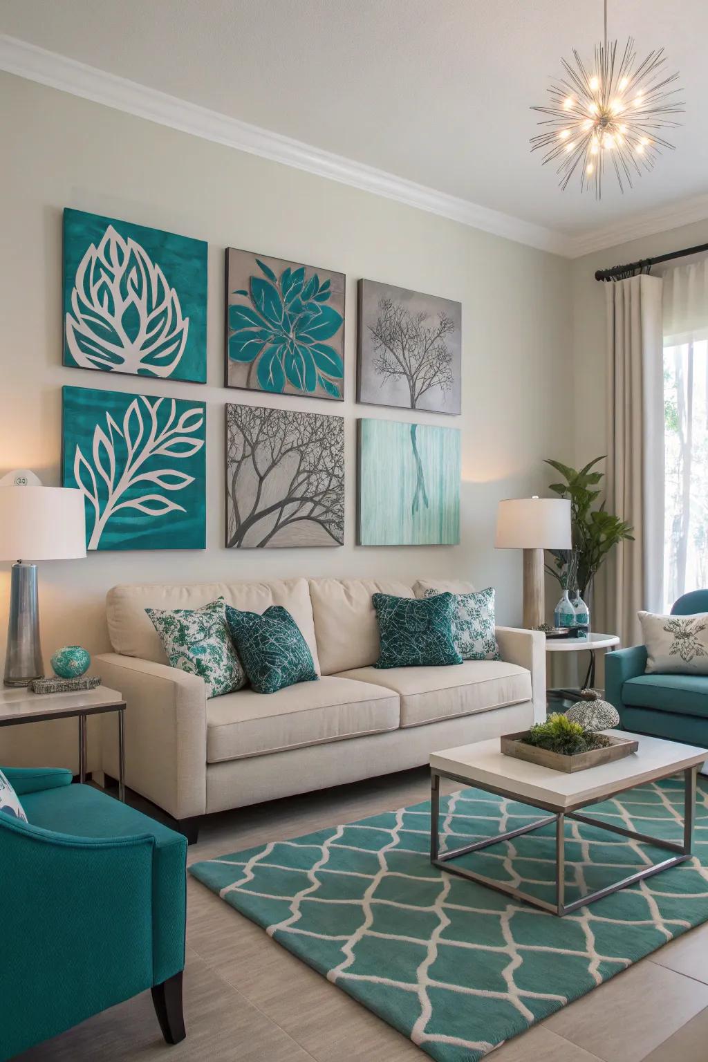 Art pieces in aquamarine and ash bring cohesion to the family room's design.