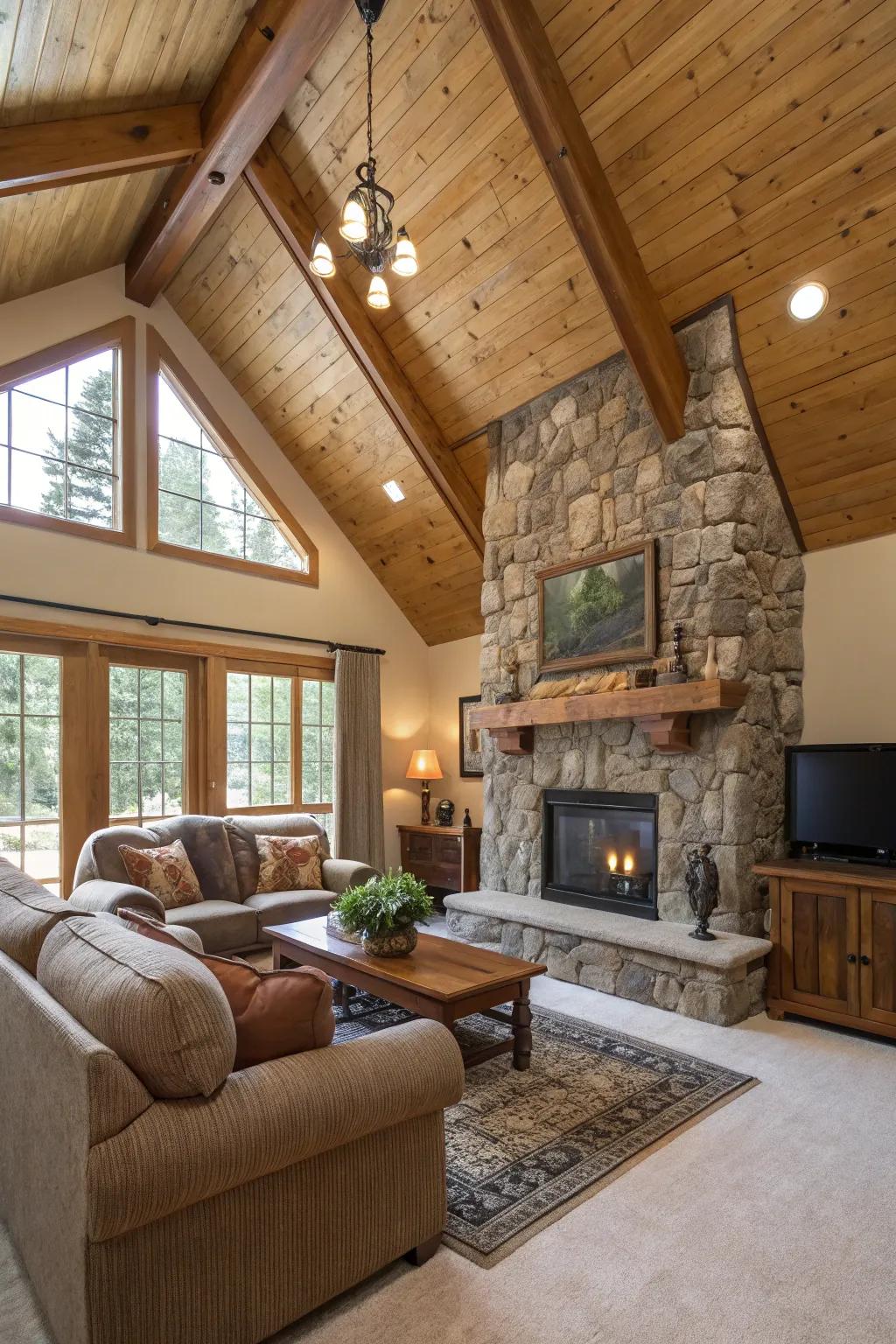 Layered textures bring depth and richness to this vaulted ceiling living room.