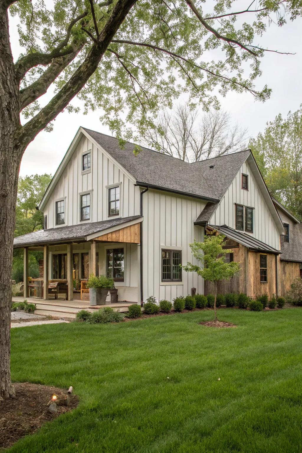 Farmhouse charm enhanced by board and batten siding