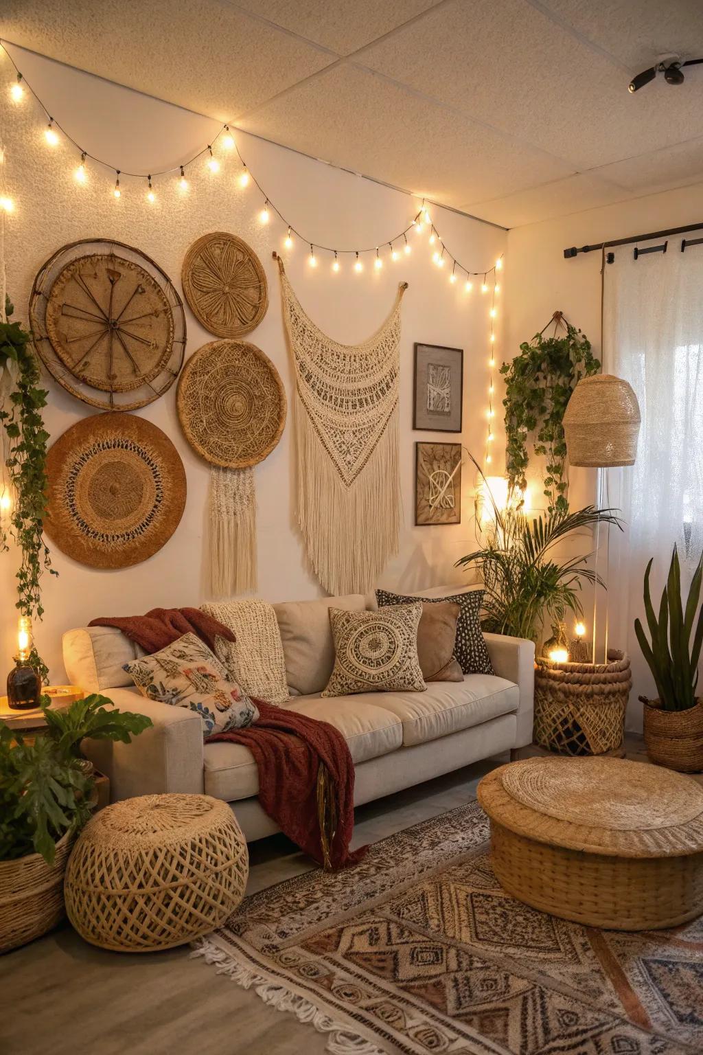Wicker wall decorations give warmth to a natural living room.