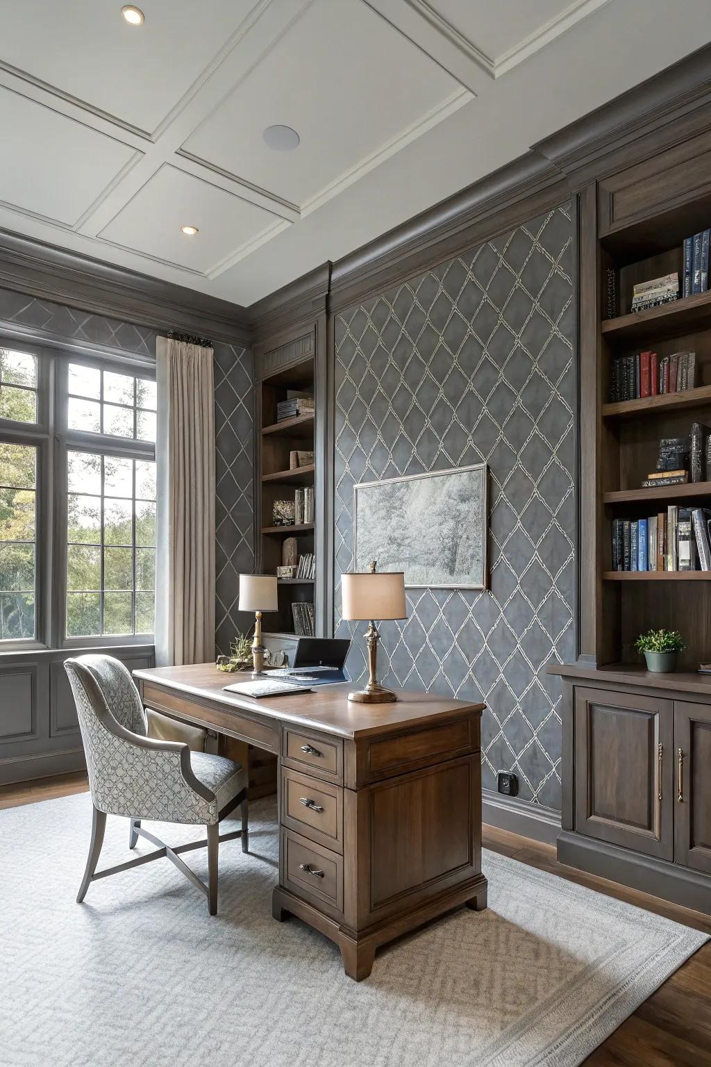 Single-color wallcovering creates a sophisticated home office.