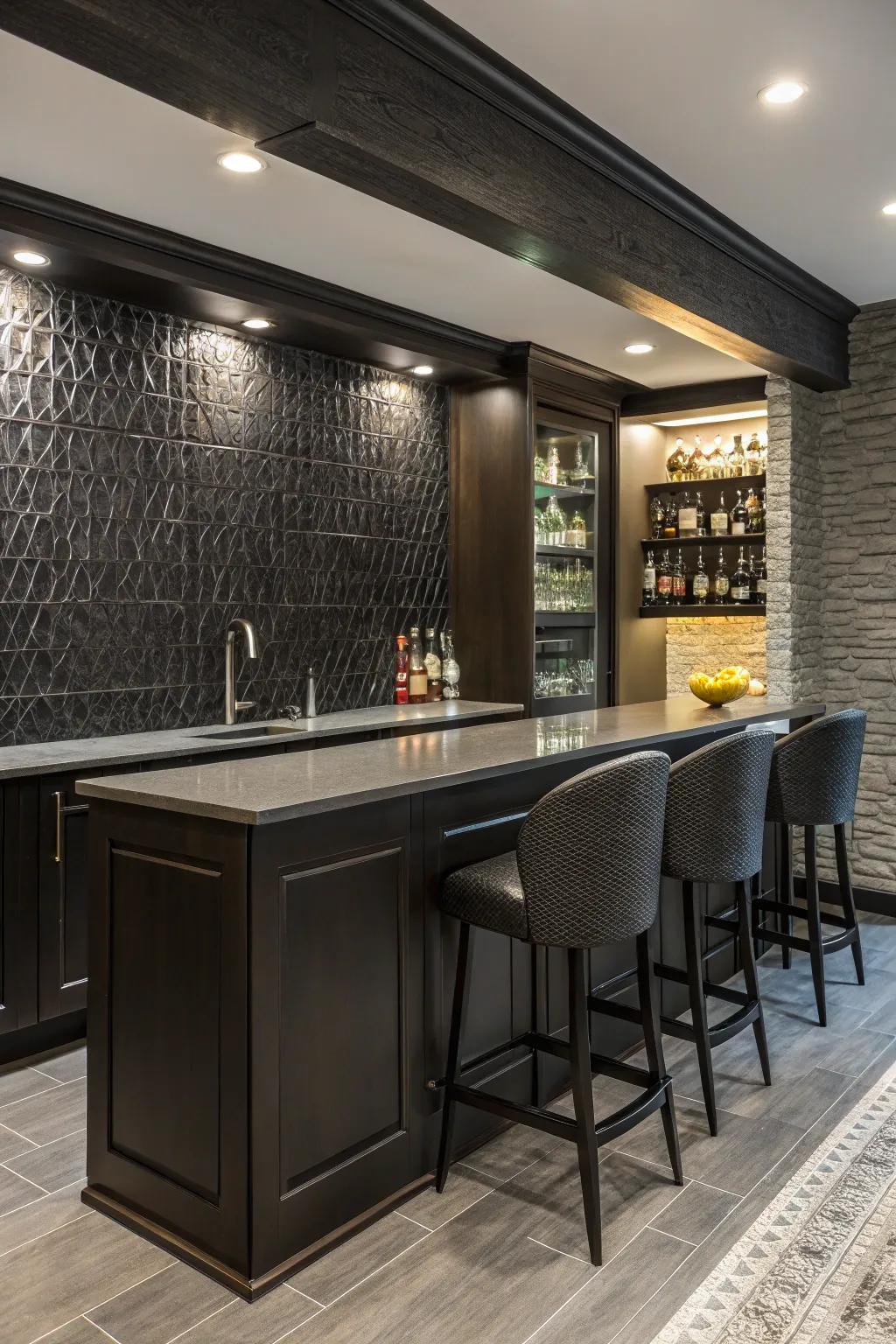 A textured backsplash contributes character to your home bar.