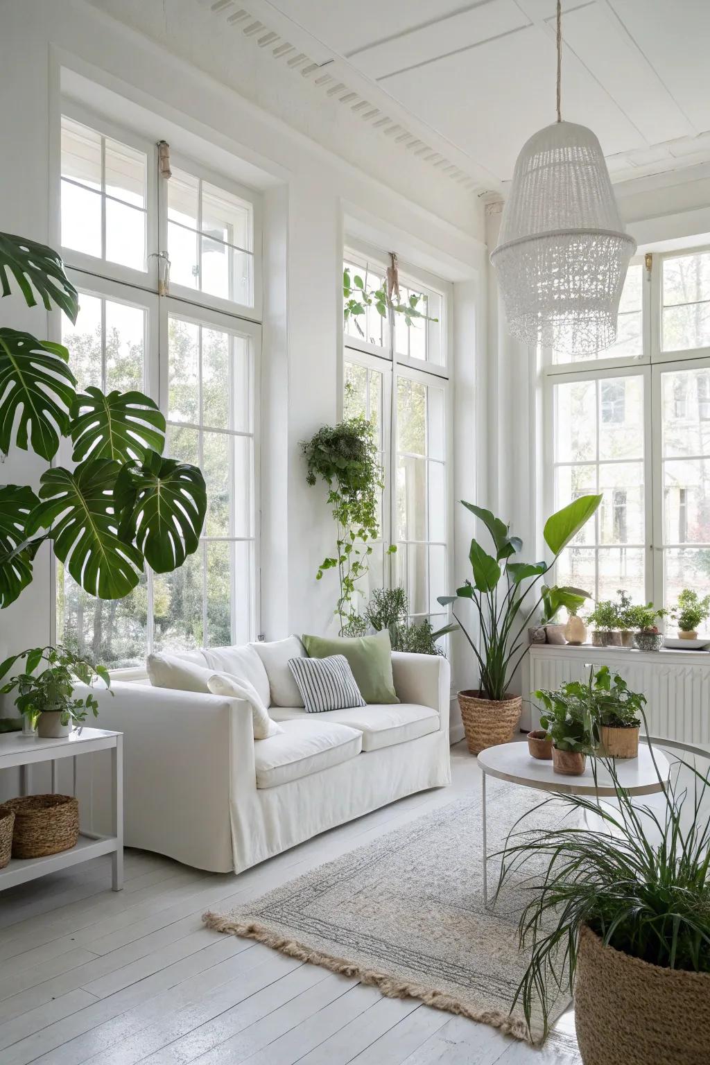 Indoor flora infuse a revitalizing impression to a contemporary white lounge.