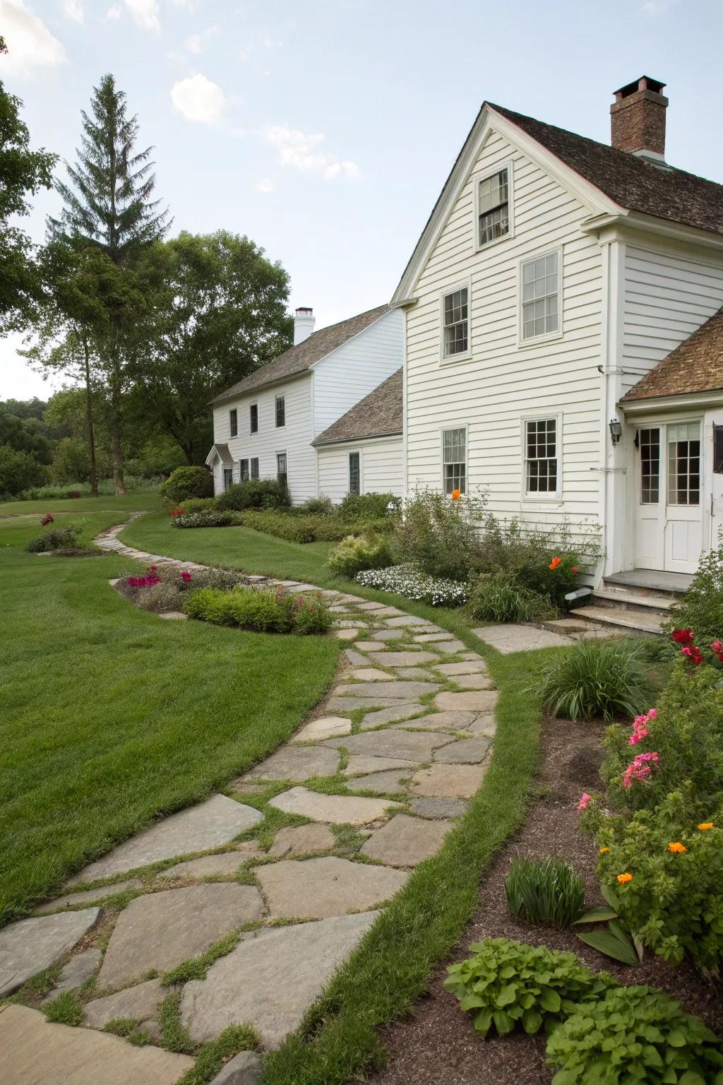 A white house with beautifully designed garden paths.