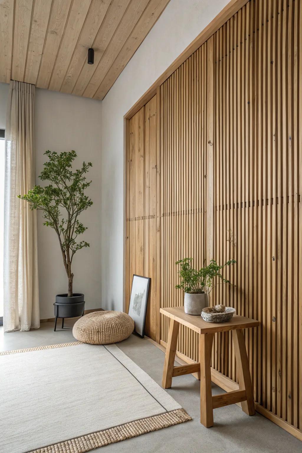 Realize serenity with a natural wood slat wall that enhances minimalist decor.