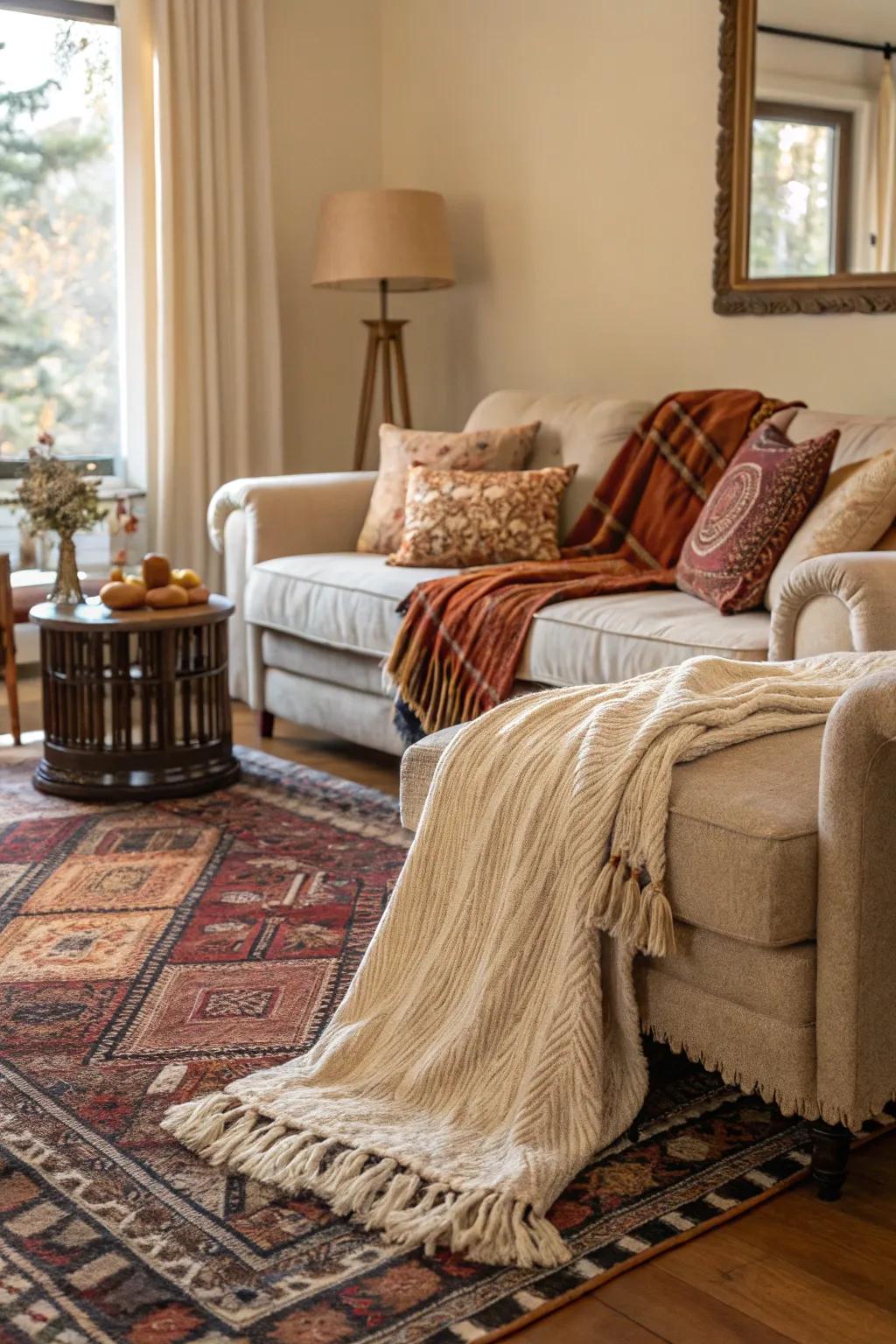 Feel-rich layers of floor coverings and throws elevate the room's snugness.