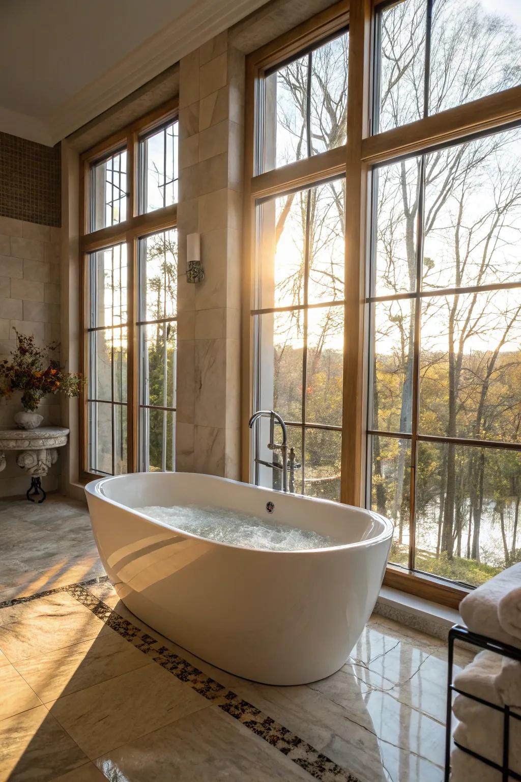 Independent soaking tubs serve as a lavish center point.