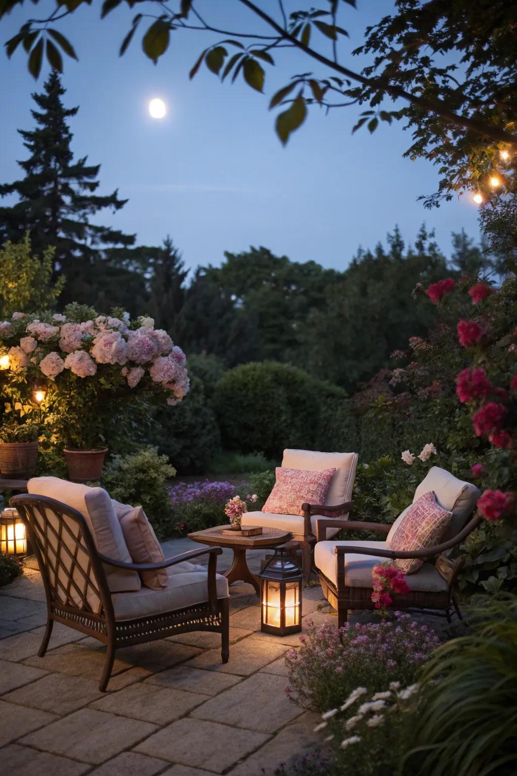 A cozy spot is perfect for relaxation under the moonlight.