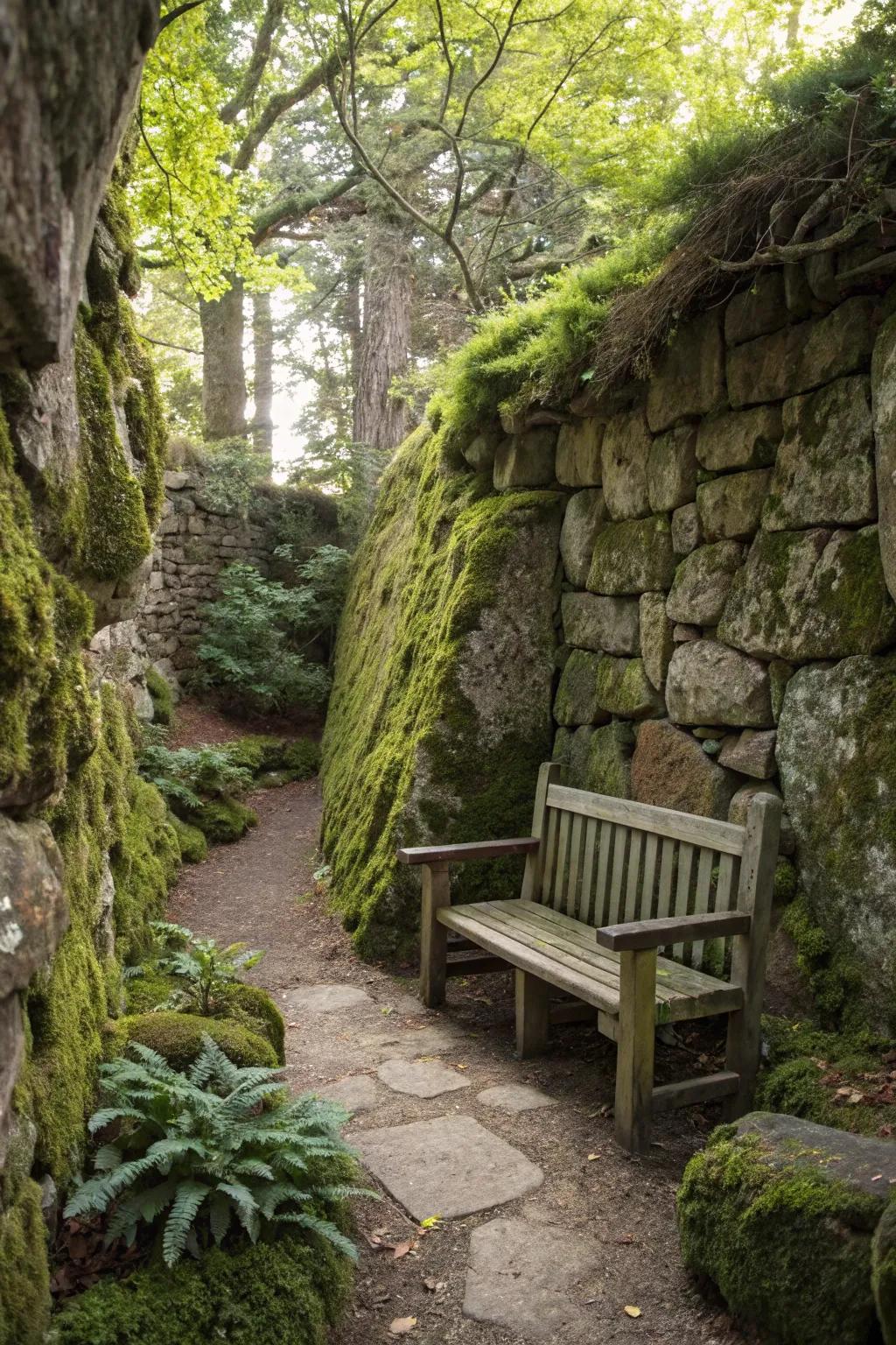 A hidden garden escape tucked away behind algae-laden stones.