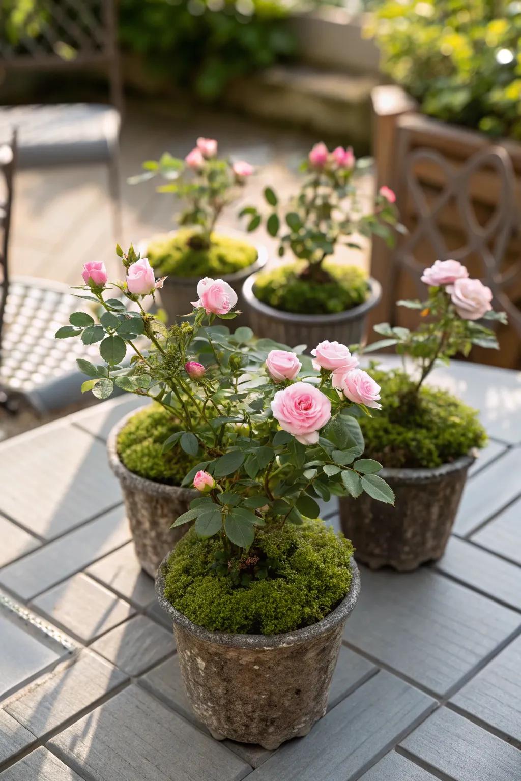 A group of small vessels with sun roses produces a vibrant deck centerpiece.
