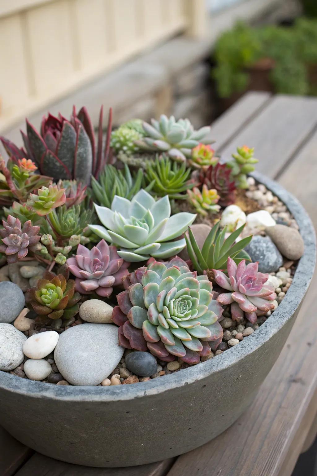 An elegant container showcasing a selection of succulents.