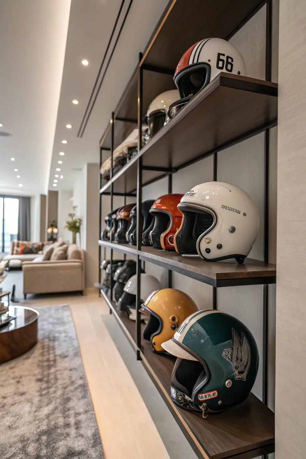 Vintage helmets shown as individual decor pieces.