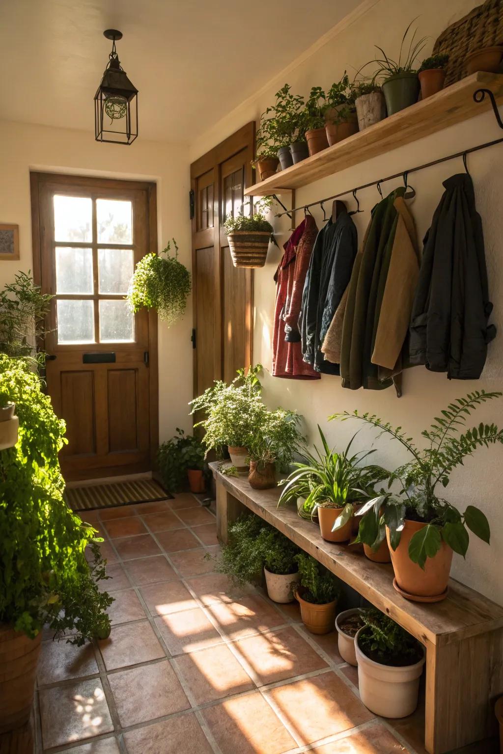 An entryway enhanced with potted flora and suspended greenery for a revitalizing ambiance.