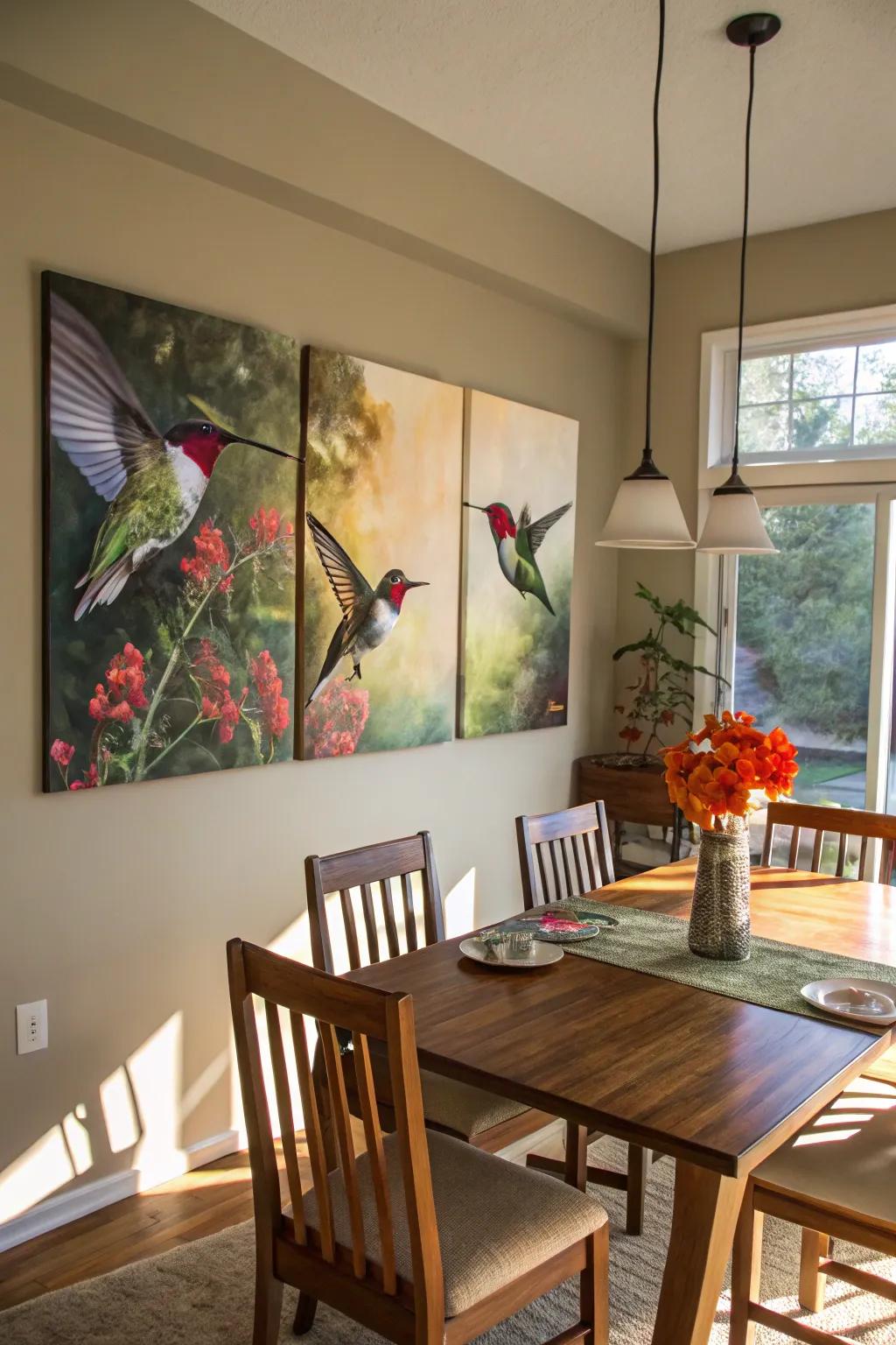An active display of hummingbirds on the wing, filling the dining area with grace and energy.