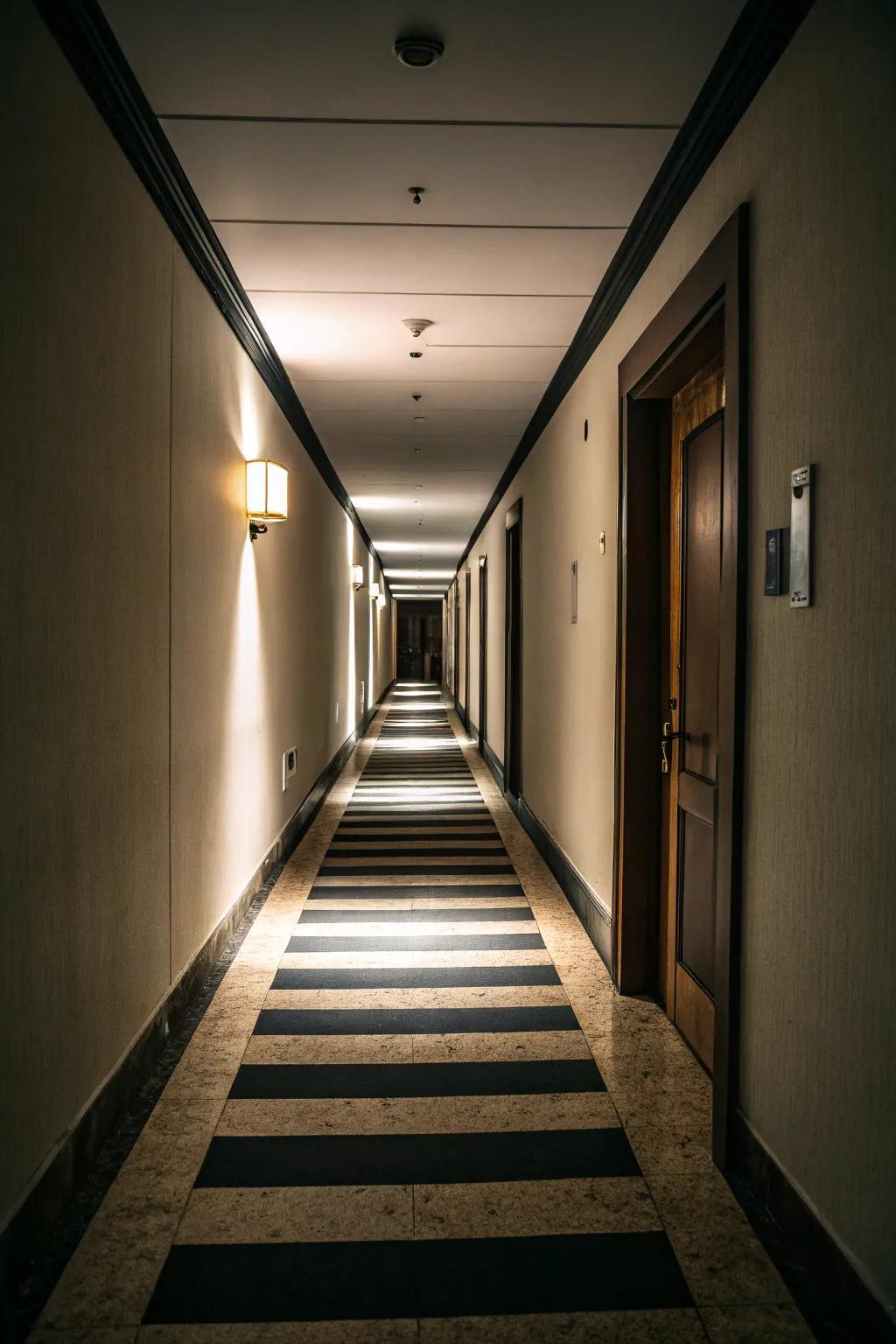 Bright and dark shades produce a dynamic contrast in slender hallways.