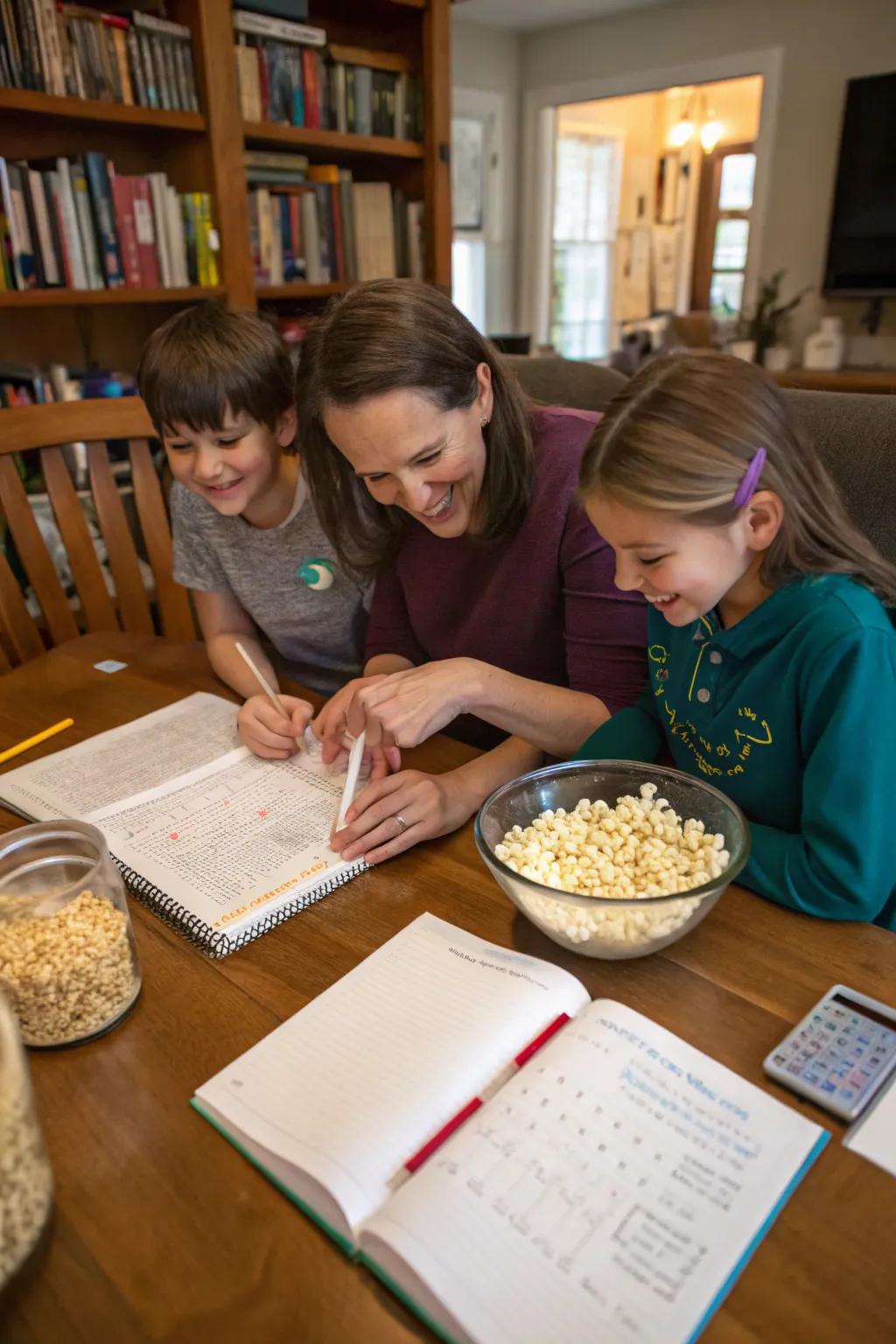 A family exploring instructive exercises featuring popcorn.